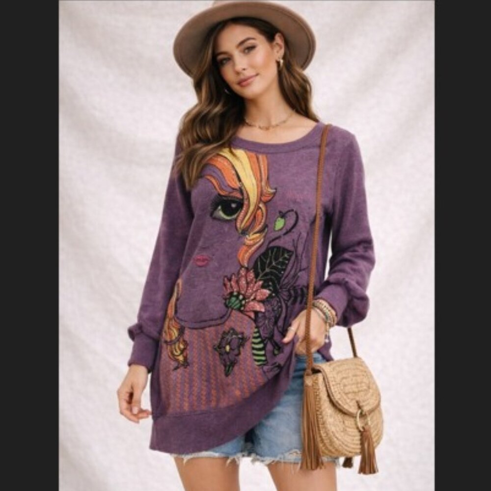 IB Diffusion Graphic Sweatshirt M Purple Artsy Boho Tunic Long Sleeve Chic